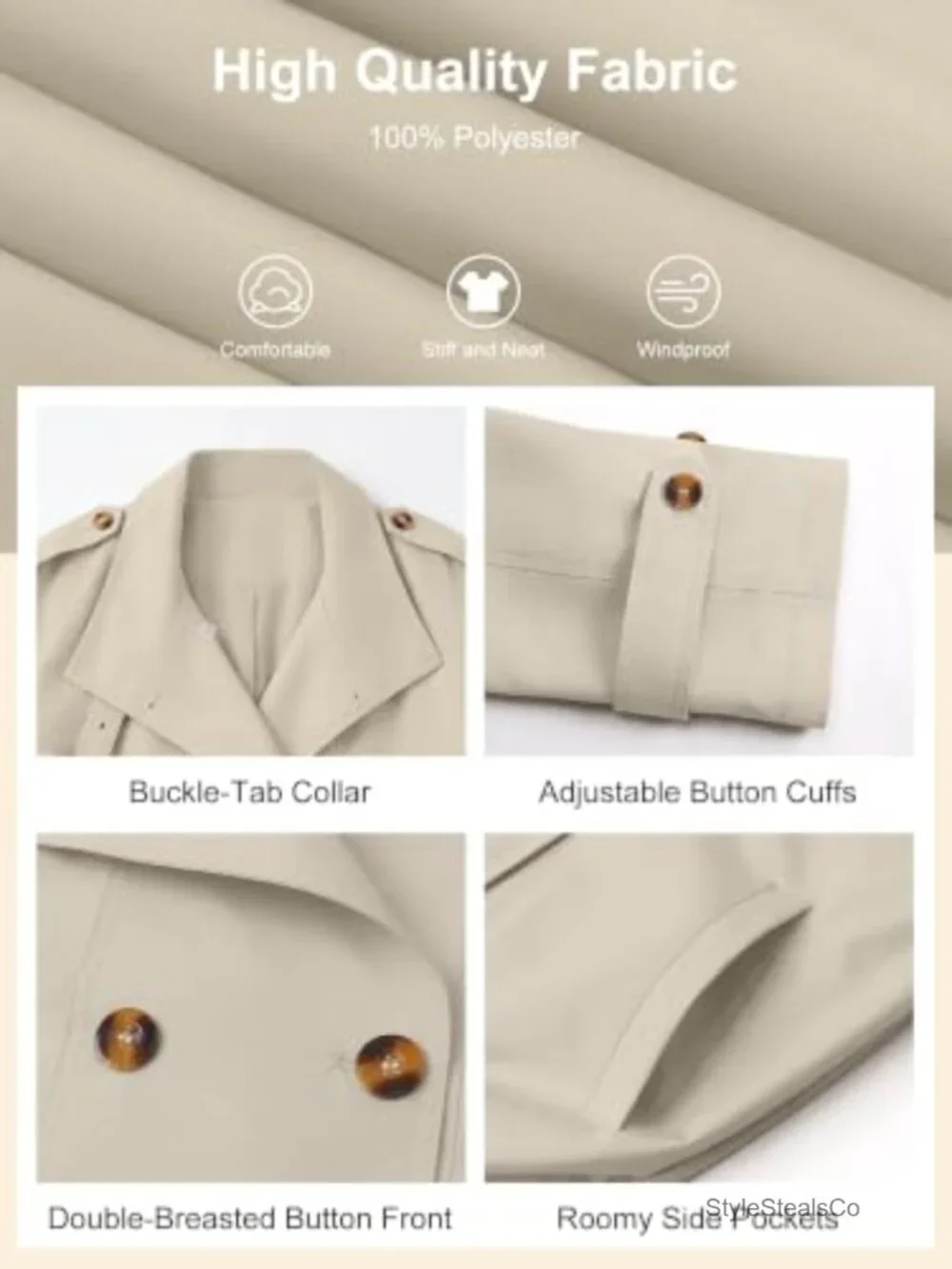 Cropped Trench Coat Vintage Button Jacket with Pockets